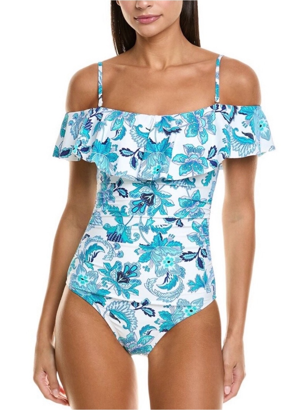 La Blanca NWT Tranquility Turquoise Floral Paisley Ruffle Off Shoulder One Piece